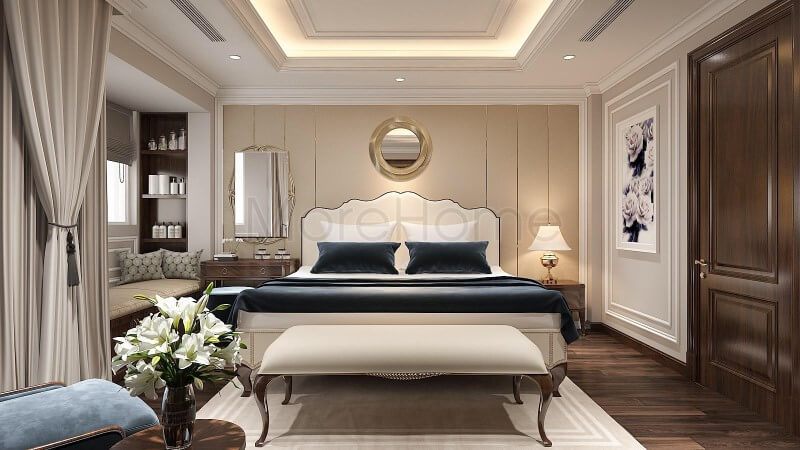 Mẫu giường ngủ khung gỗ tự nhiên bọc da cao cấp được thiết kế với đường nét uốn lượn tinh tế và tông màu sáng sang trọng cho phòng ngủ.
