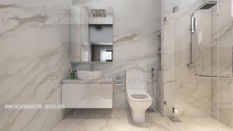 . Tường và sàn nhà trong phòng tắm được ốp đá nhân tạo vân mây cao cấp giúp tạo ra sự sáng bóng.